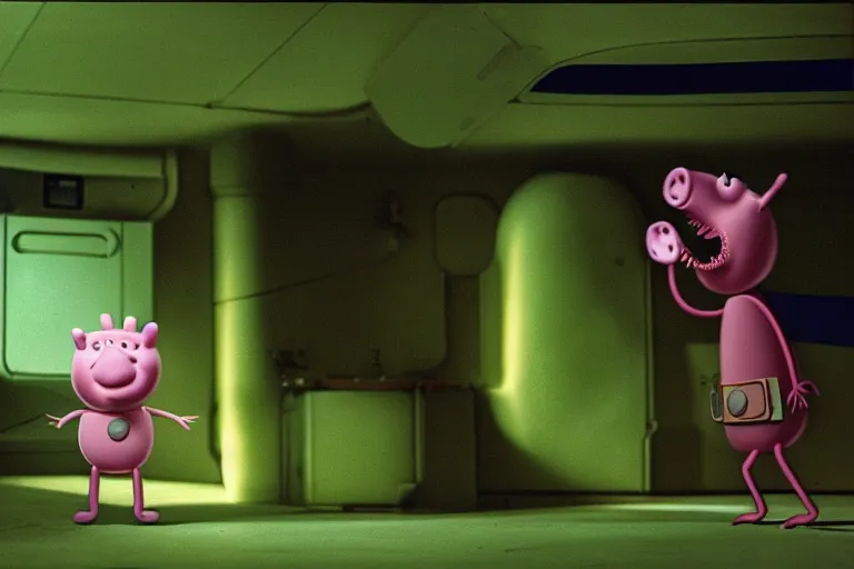 Prompt: peppa the pig with xenomorph body from movie alien 1 9 7 9, staying at nostromo spaceship. extreme long shot, cinestill, black and blue and acid green colors