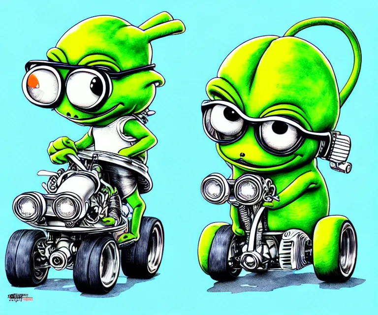 Prompt: cute and funny, cute pepe wearing a helmet riding in a tiny hot rod with oversized engine, ratfink style by ed roth, centered award winning watercolor pen illustration, isometric illustration by chihiro iwasaki, edited by range murata, tiny details by artgerm, centered symmetrical