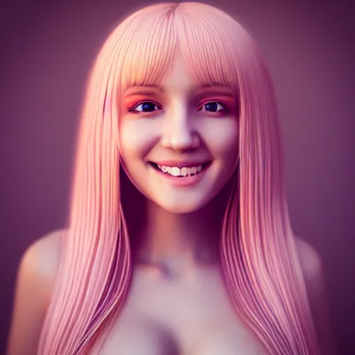 Prompt: beautiful hyperrealism selfie of nikki from shining nikki, a cute 3 d young woman smiling sofly, long light pink hair and full bangs, flushed face, small heart - shaped face, amber eyes, golden hour, 8 k, instagram