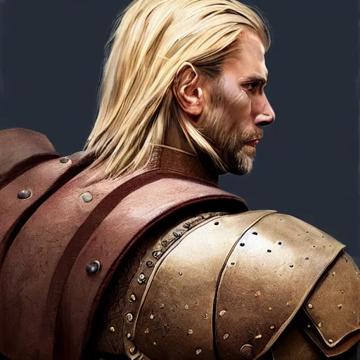 Image similar to rear side portrait of a muscular, ponytail haired blonde man with only left arm armored, wearing a thick brown leather coat, looking to his left, DnD, fantasy, dramatic lighting, digital art by Ruan Jia