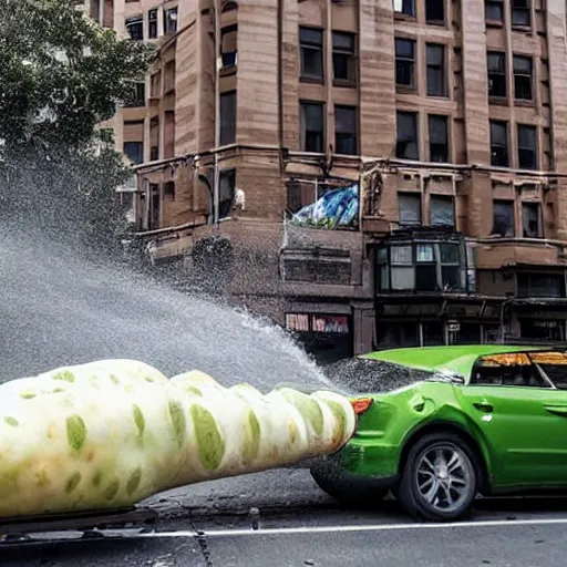 Image similar to a gigantic canteloupe rolling through a city and destroying buildings and cars