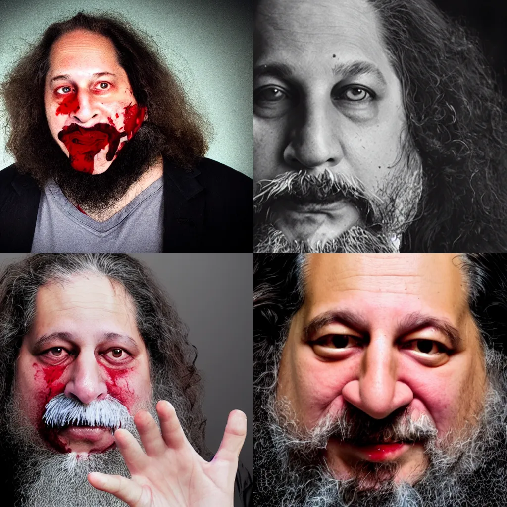 Prompt: Creepy photo of Richard Stallman with red eyes, blood around his mouth