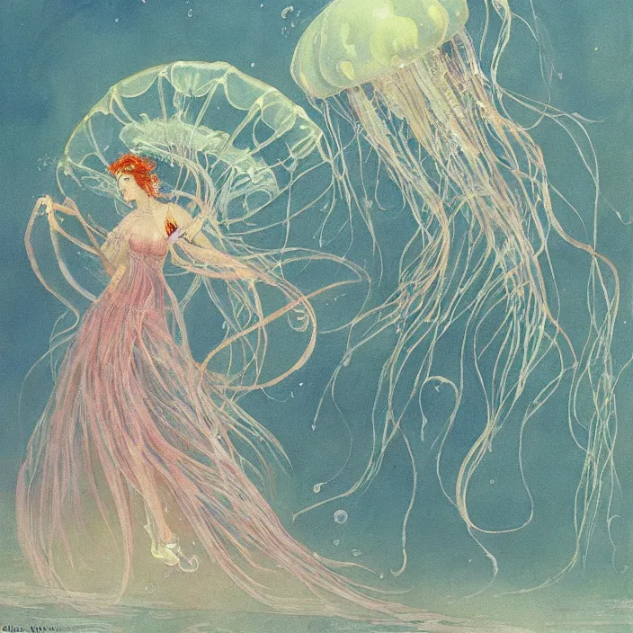 Image similar to a beautiful painting of the jellyfish empress by warwick goble