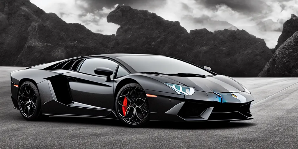 Image similar to Black Color Of A Lamborghini Aventador, unreal 5, hyperrealistic, realistic, photorealistic, dynamic lighting, highly detailed, cinematic landscape, studio landscape, studio lighting