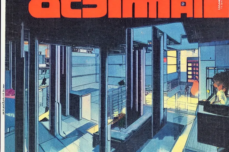 Image similar to 1 9 7 9 omni magazine cover of gated community in osaka. large modern houses. cyberpunk style by vincent di fate