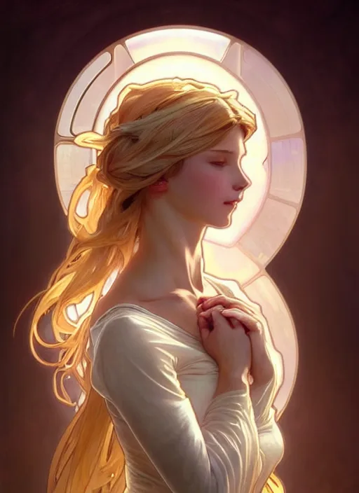 Image similar to digital character concept art by artgerm and greg rutkowski and alphonse mucha. clear portrait of a young wife blessed by god to uncontrollably become overwhelmingly perfect!! blonde, clothed, obviously feminine holy body!! light effect. hyper detailed, glowing lights!! intricate, elegant, digital painting, artstation, smooth, sharp focus