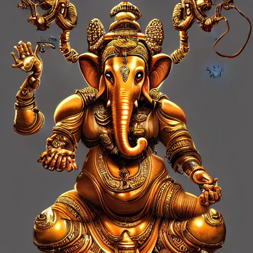 Prompt: biomechanical robot Ganesha , hyper-realistic futuristic portrait, intricate details, hyperdetailed fantasy character, supersharp, hypermaximalist, dramatic lighting, hajime sorayama, brom, Indian god, Ganesha, ganapati, vinayak, futuristic portrait of photorealistic Cyborg Ganesha