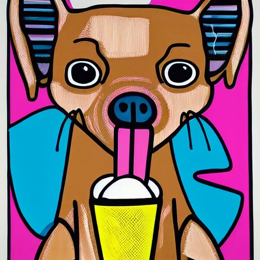 Prompt: a cute chihuahua eating an ice cream by howard arkley