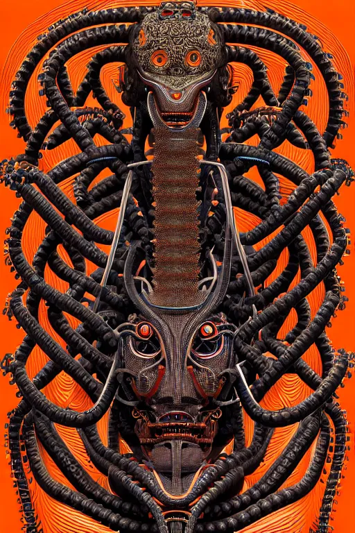 Image similar to a centered uncut fullbody frontview portrait of a robotic hydra / gorgon headed biomechanical creature by clogtwo and subjekt zero feat paul lewin and ø - cult. intricate detailed sharp clean textured very ornated. indian style tapestry design. hd. 4 k. lowbrow color palette