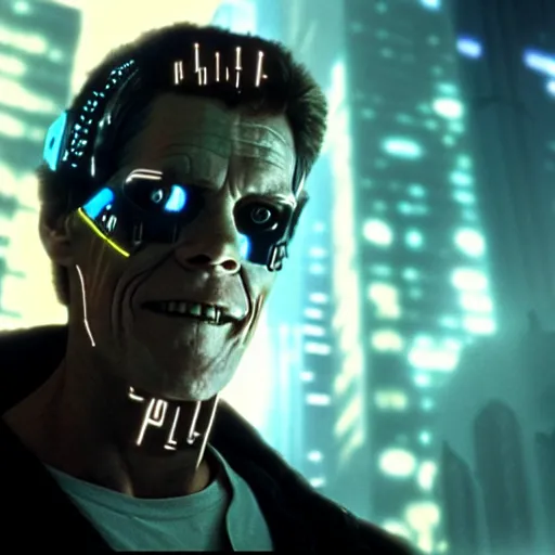 Image similar to william dafoe as a cyborg in a cyberpunk story in a distopic futuristic city in the style of bladerunner, movie still, highly detailed