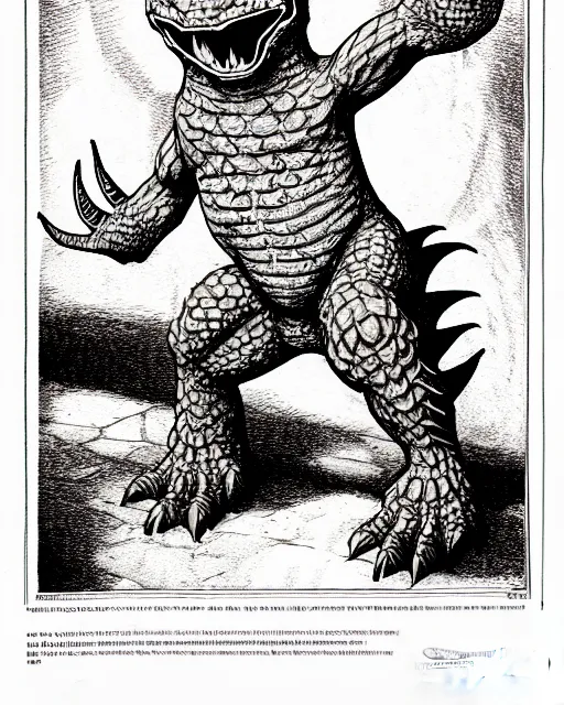 Image similar to charmander as a d & d monster, full body, pen - and - ink illustration, etching, by russ nicholson, david a trampier, larry elmore, 1 9 8 1, hq scan, intricate details, stylized border