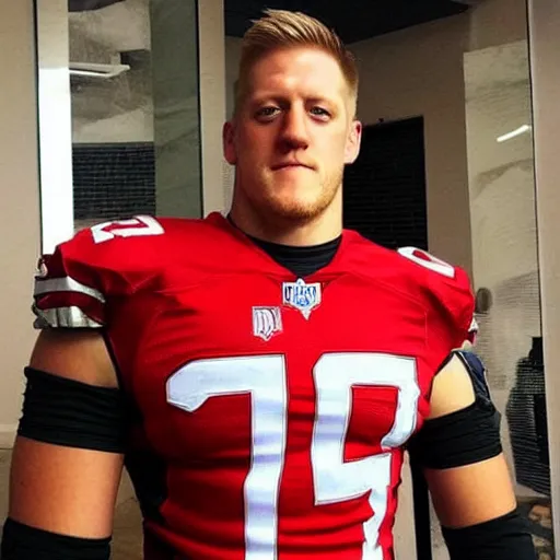 Image similar to “a realistic detailed photo of a guy who is an attractive humanoid who is half robot and half humanoid, who is a male android, football player JJ Watt, shiny skin, posing like a statue, blank stare”