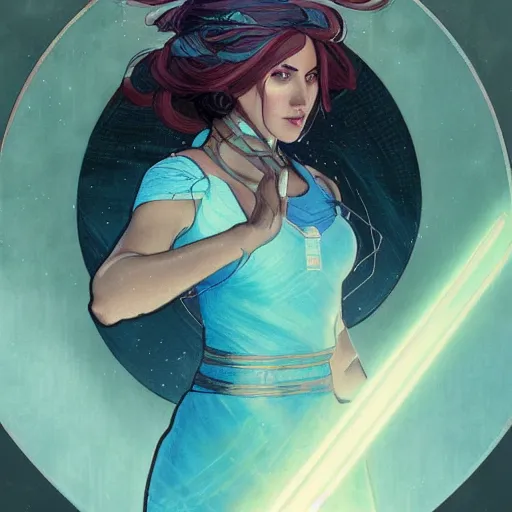 Prompt: a beautiful tarot card of sona with teal colored hair with deep red highlights as a jedi, space fantasy, in the style of magic the gathering, intricate, elegant, highly detailed, digital painting, artstation, concept art, matte, sharp focus, illustration, art by greg rutkowski and alphonse mucha