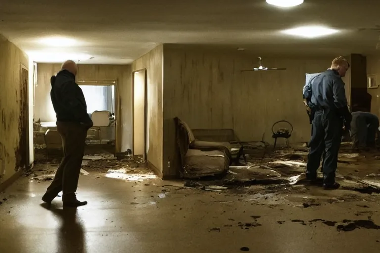 Image similar to cinematography of detectives investigating a crime scene in a rundown motel by Emmanuel Lubezki