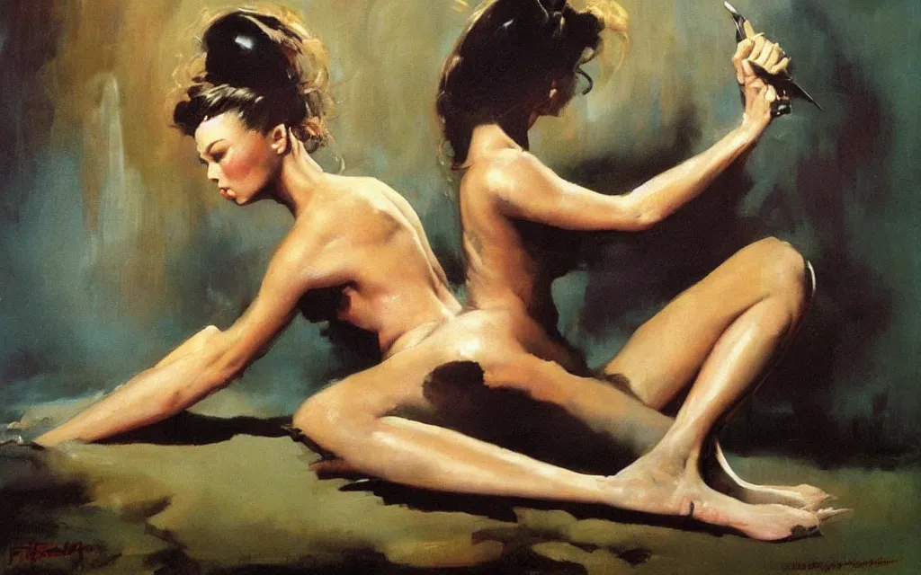 Image similar to frank frazetta paints his muse, eleanor frazetta, oilpainting, smooth,