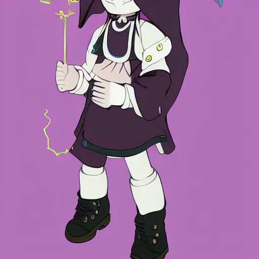 Prompt: cute little boy wearing an skull mask and dressed in an nun outfit, purple color palette, artwork made in heikatsu art syle, inspired in made in abyss and hirohiko araki, ray tracing, soft details