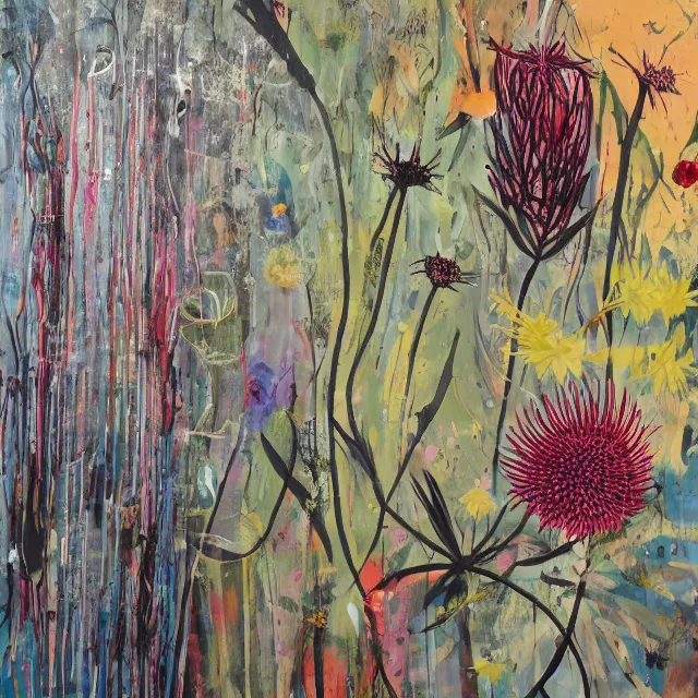 Image similar to “ a portrait in a female art student ’ s apartment, australian wildflowers, sensual, queer woman, flax, flannel flower, bottlebrush, eucalyptus, charred, new leaves, art supplies, a candle dripping white wax, aboriginal art, berry juice drips, acrylic and spray paint and oilstick on canvas, surrealism, neoexpressionism ”