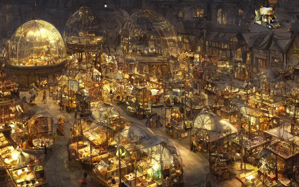 Prompt: aa perfect miniature market of a medeveil english town under a large glass dome, highly detailed, cinematic lighting, render, fantasy