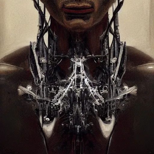 Prompt: surreal portrait of a man by Greg Rutkowski, symmetrical face, he is about 30 years old, short black hair with bangs, his features are a mix between French, Turkish and Russian, transformed into a kind of biomechanical transhuman god, uncany but fascinating, expression of epiphany and determination, cosmic void background, frightening, fascinating, highly detailed portrait, digital painting, book cover, artstation, concept art, smooth, sharp foccus ilustration, Artstation HQ