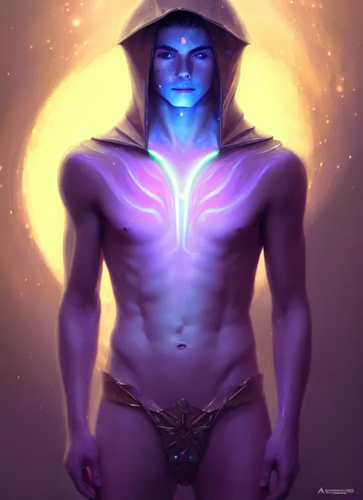 Image similar to a male humanoid phantom adventurer made of liquefied stardust, dnd fantasy character, full body portrait, glowing neon skin, magical aura, ultra realistic, intricate, elegant, highly detailed, digital painting, artstation, smooth, sharp, focus, illustration, art by artgerm and greg rutkowski and alphonse mucha