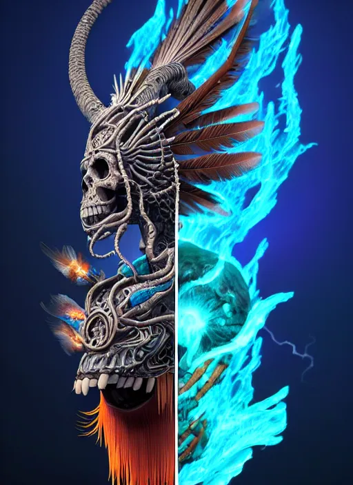 Image similar to 3 d shaman with tattoos profile portrait, sigma 5 0 0 mm f / 5. beautiful intricate highly detailed quetzalcoatl skull and feathers. bioluminescent, plasma, lava, ice, water, wind, creature, thunderstorm! artwork by tooth wu and wlop and beeple and greg rutkowski, 8 k trending on artstation,