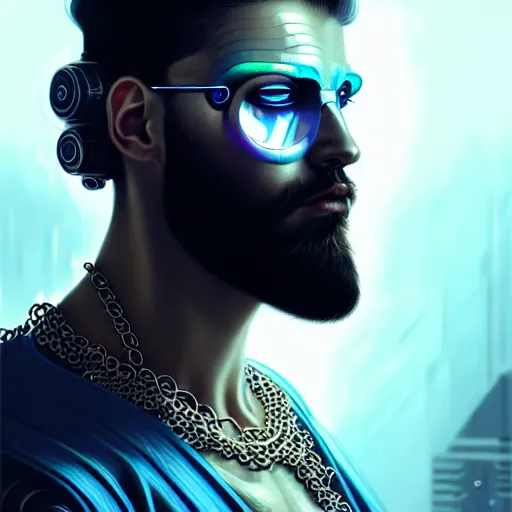 Image similar to bearded man with extremely large and intricate eye cyberpunk bionics with angry blue eyes and slim features looking askance, eye cyberpunk bionics, retro futurist style, intricate, elegant gleaming intricate baroque jewelry, angelic halo, highly detailed, digital painting, artstation, concept art, smooth, sharp focus, illustration, art by wlop, mars ravelo and greg rutkowski,