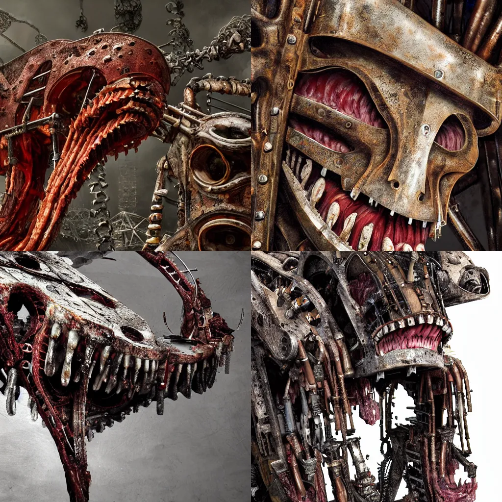 Prompt: a close up of an elongated machine made of teeth and raw meat and rusted metal, concept art by giger, cgsociety, assemblage, trypophobia, greeble, grotesque, biomechanical open chewing mouth