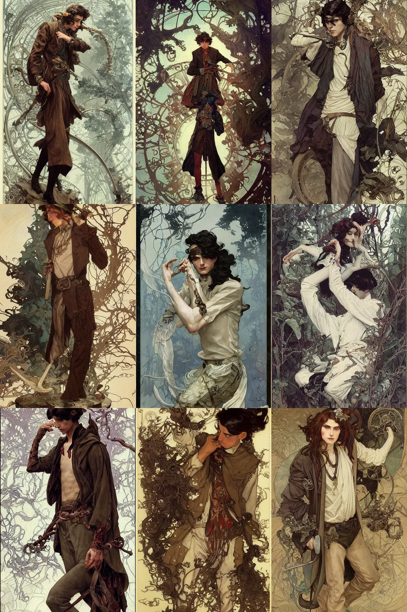 Prompt: thin young male alchemist, long dark hair, 1 9 2 0 s fashion, fantasy, highly detailed, intricate, smooth, art by joseph leyendecker, peter mohrbacher, ruan jia, marc simonetti, ayami kojima, cedric peyravernay, alphonse mucha