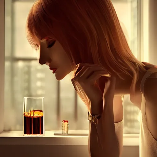 Prompt: a girl with a glass of martini, looking at the end of the world through her window, artstation hq, stylized, symmetry, modeled lighting, expressive, nostalgy, studio photo refined, highly detailed, fine art fashion magazine style, hyper realistic, photo realistic skin texture