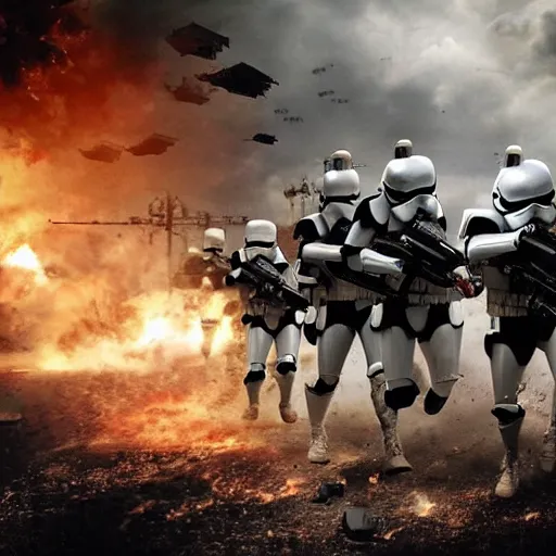 Image similar to hyper realism, realistic apocalyptic war scene, explosions, science - fiction soldiers running with armour like stormtroopers in the middle of explosions and bullets, view from far away,