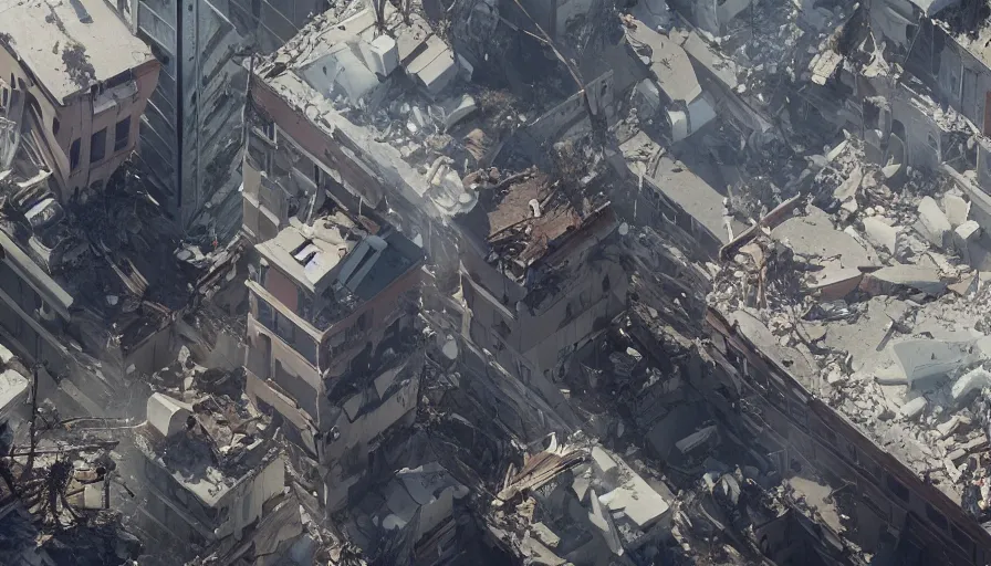 Image similar to human view of an earthquake in los angeles streets with buildings collapsing, hyperdetailed, artstation, cgsociety, 8 k