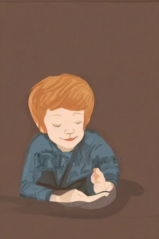 Image similar to a little boy with ginger hair curled up asleep in a cozy living room near the fireplace. clean elegant simple illustration, beautiful detailed face.