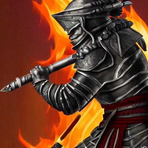 Prompt: samurai with flaming armor pointing a red katana at a gnome, highly detailed