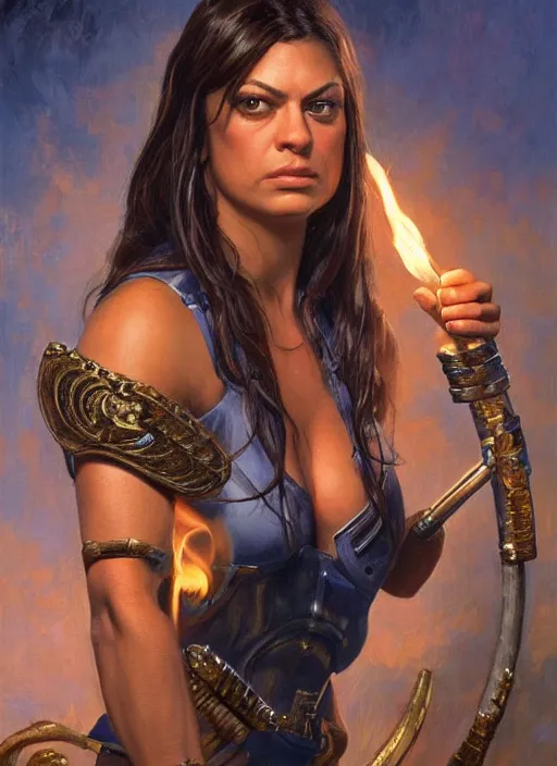 Image similar to portrait of a very muscled Mila Kunis as a heroine staring into the camera, torches and fireflies, artstation, intricate, elegant, highly detailed, art by Donato Giancola, Joseph Christian Leyendecker, WLOP, Boris Vallejo, Artgerm