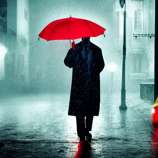 Image similar to A dramatic portrait of a detective in yellow rain coat , red umbrella , walking in a black and white street . Cinematic lighting