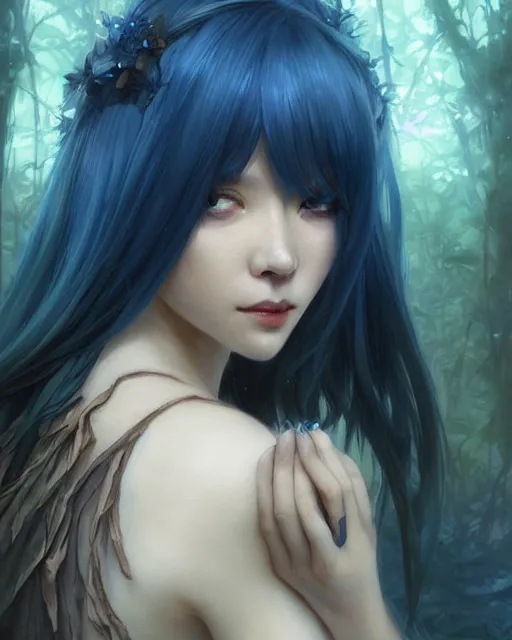 Image similar to stunningly beautiful female blue hair, cute japanese actressr, fantasy art, fae priestess, lush dark forest landscape, fireflys at night, sharp focus, digital painting, 8 k, concept art, art by wlop, artgerm, greg rutkowski and alphonse mucha