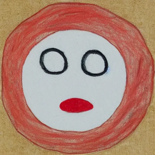 Prompt: primitive drawing of smiling circle face with red eyes thumb up. Сhild drawing picture