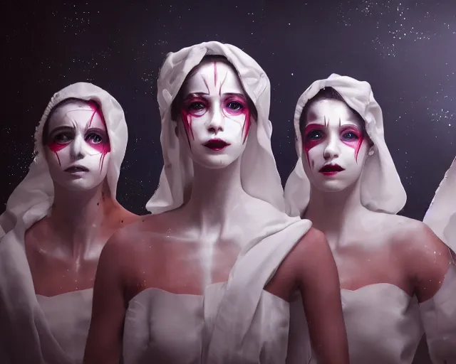 Image similar to a film still of three synthetic female human oracles wrapped in white cloth, beautiful, facepaint, neotokyo, cinematic lighting, high resolution, 4 k