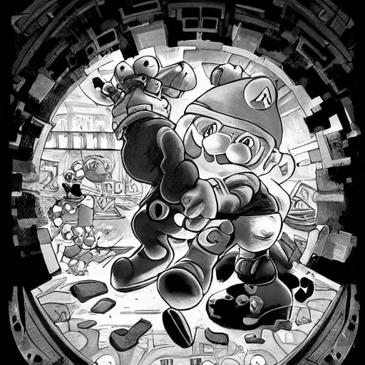 Prompt: mario stomping on a goomba, line art black and white, art by artgerm and greg rutkowski and alphonse mucha