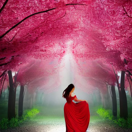 Prompt: a high definition photo of a woman wearing a red dress gracefully dancing in a forest of cherry blossoms as pink petals surround her as she controls the wind, artstation, extremely detailed man, stunning volumetric lighting, hyper realism, fantasy 4k