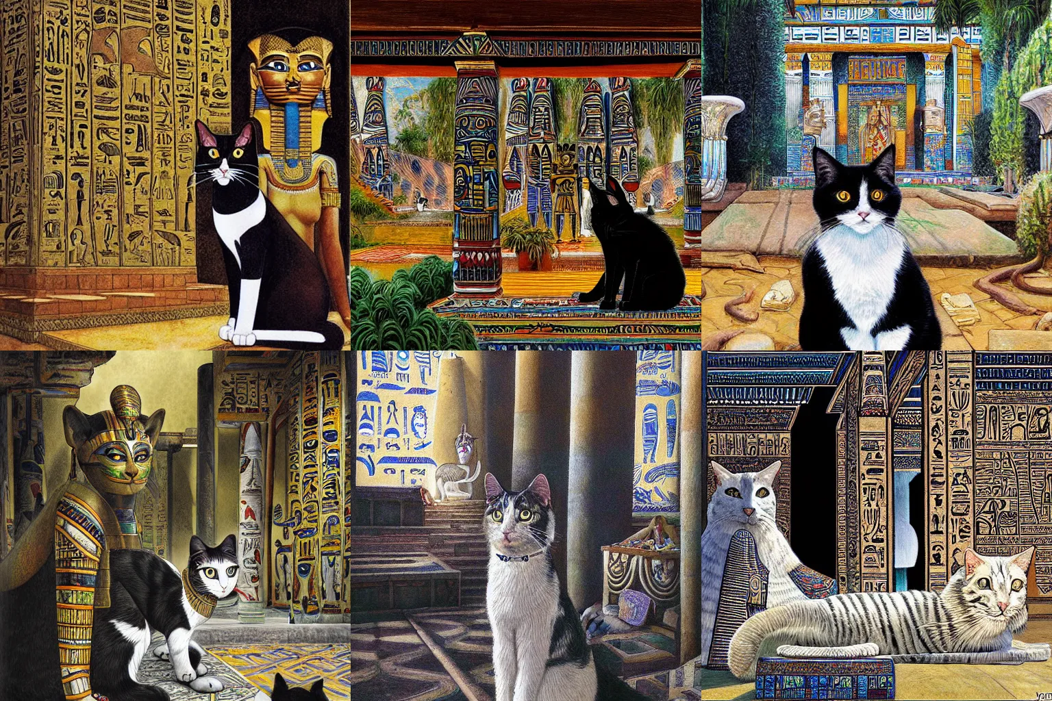 Prompt: portrait of an egyptian pharaoh black and white cat in a scenic temple by jon foster and louis wain