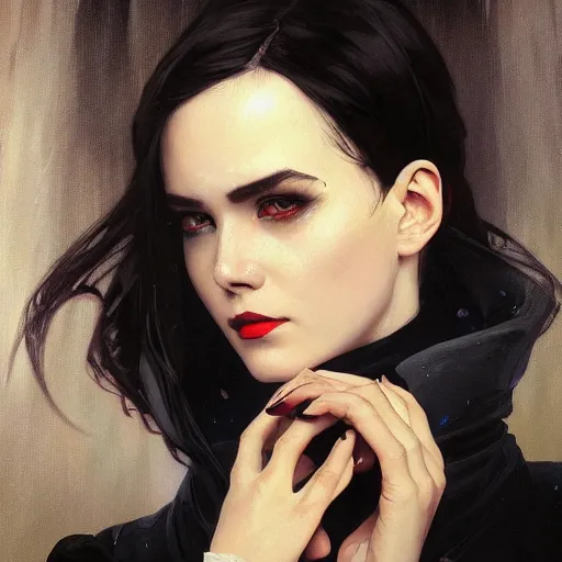 Image similar to oil painting of evil grumpy dark haired women, cameraflash portrait by ilya kuvshinov, artgerm, alphonse mucha, and greg rutkowski, wearing black coat, black makeup, ice mage, shooting ice, fantasy artwork, fantastic artwork, 4 k, trending on artstation