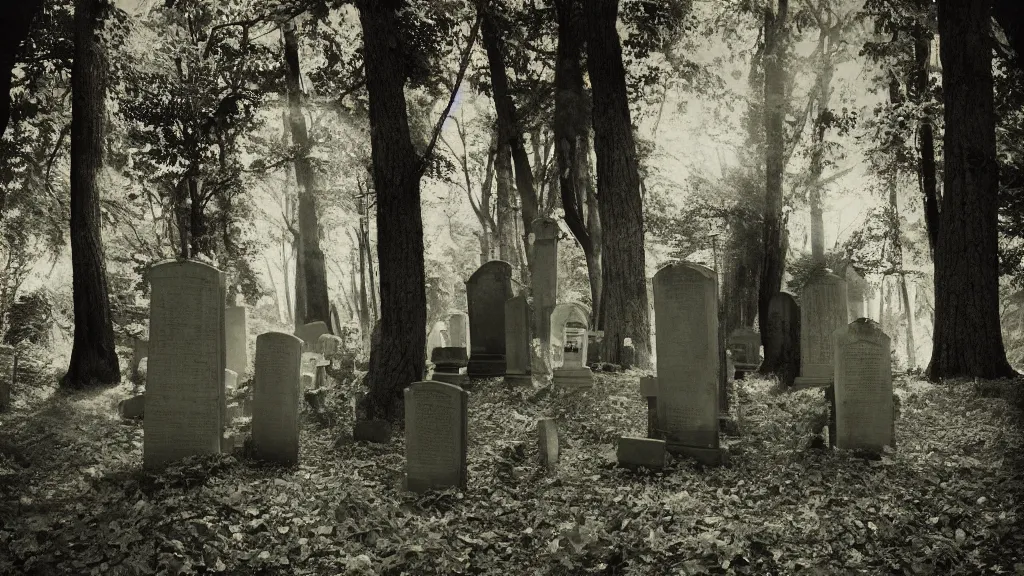 Prompt: a few tombstones in a forested cemetery with a double - exposure!!!!! close up of a person!!!!!! in victorian dress from a tim burton and wes anderson movie, style of pinhole photography,