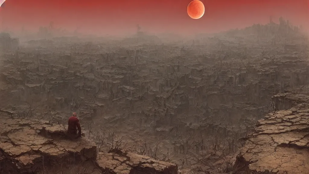 Prompt: a highly detailed landscape of a sole survivor sadly looking out over a post-apocalyptic ruined earth under a dim blood red moon, digital art by Benjamin Bardou, Zdzisław Beksiński , Ruan Jia