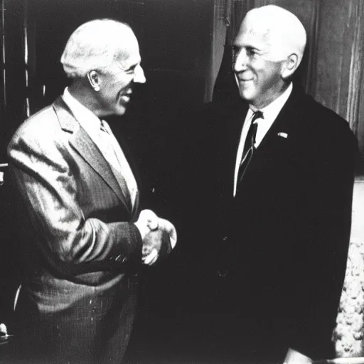 Prompt: howard philips lovecraft shaking hands with joe biden, picture, award winning, ultra realistic, high detail