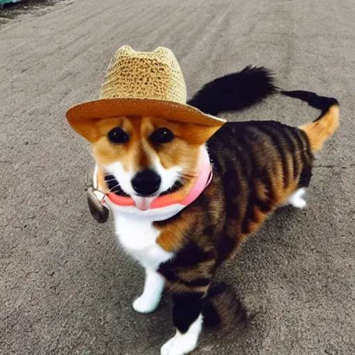 Prompt: cat in a cowboy hat riding corgi