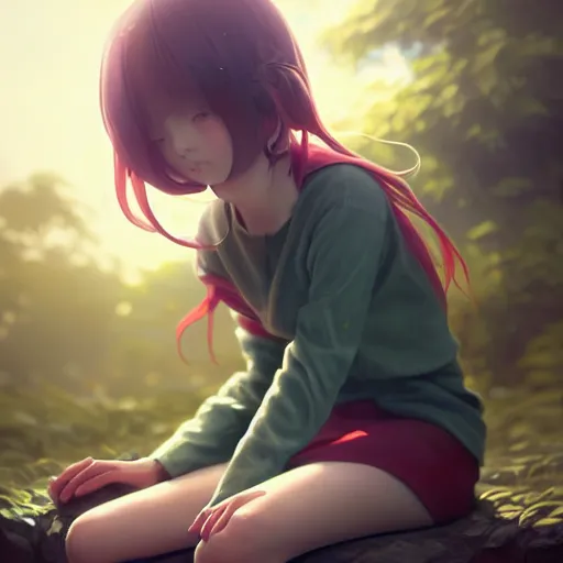 Prompt: very very small little girl by wlop, sitting on a gigantic green leaf by ilya kuvshinov, rtx reflections, octane 1 2 8 k, extreme high intricate details by tom bagshaw, digital anime art by ross tran, medium sensor, close up shot, composition by sana takeda, lighting by greg rutkowski