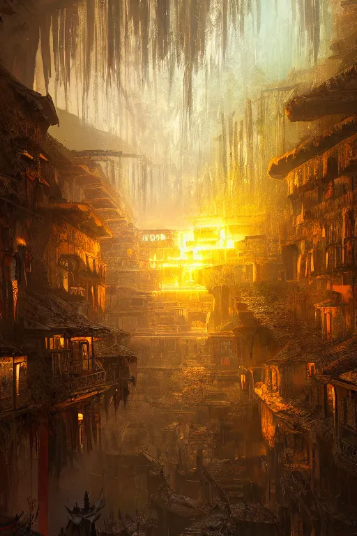 Image similar to old aztec city of gold in the middle of the forest, intricate, elegant, volumetric lighting, digital painting, highly detailed, artstation, sharp focus, illustration, concept art, ruan jia, steve mccurry