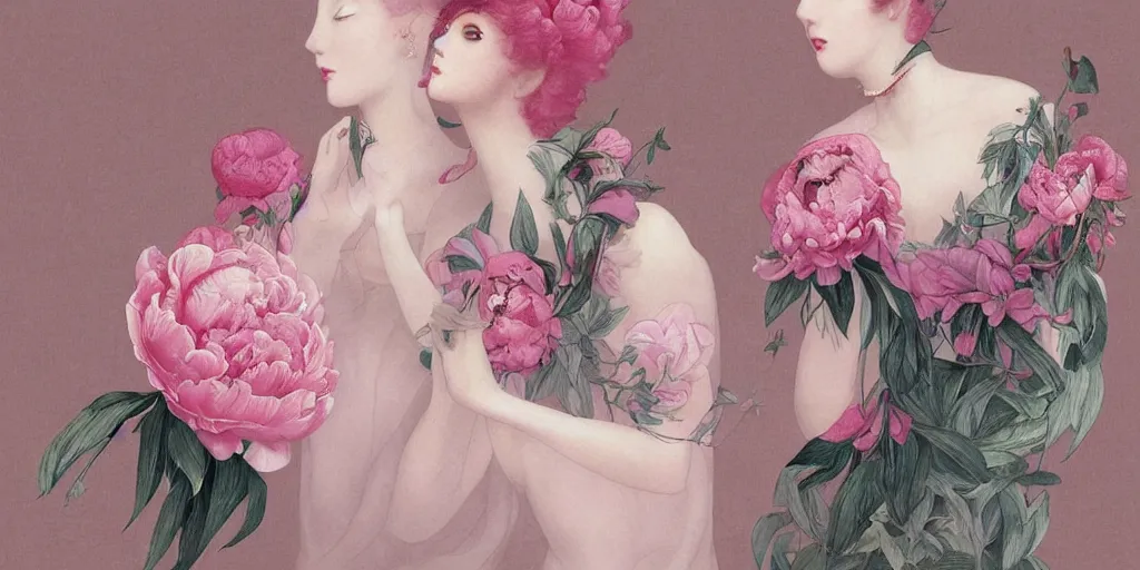 Image similar to breathtaking detailed concept art deco painting blend of pink short hair goddesses of peonies by hsiao - ron cheng with anxious piercing eyes, vintage illustration pattern with bizarre compositions blend of flowers and fruits and birds by beto val and john james audubon, exquisite detail, extremely moody lighting, 8 k