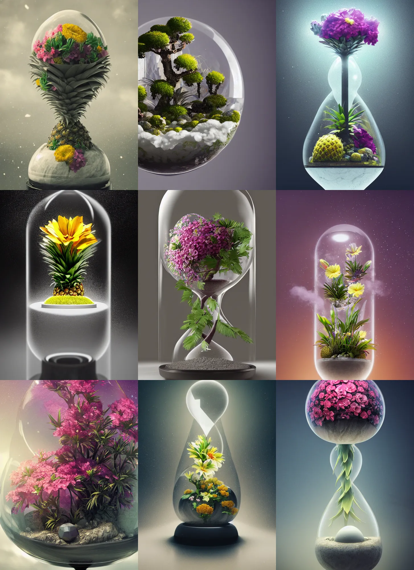 Prompt: flowers inside of a marble, hourglass, bonsai, galaxy, intricate detail, volumetric lighting, epic composition, hyper detailed, ultra realistic, sharp focus, octane render, pineapple, volumetric, ray tracing, artstation trending, cgsociety, sense of awe, swirling mist, 4 k